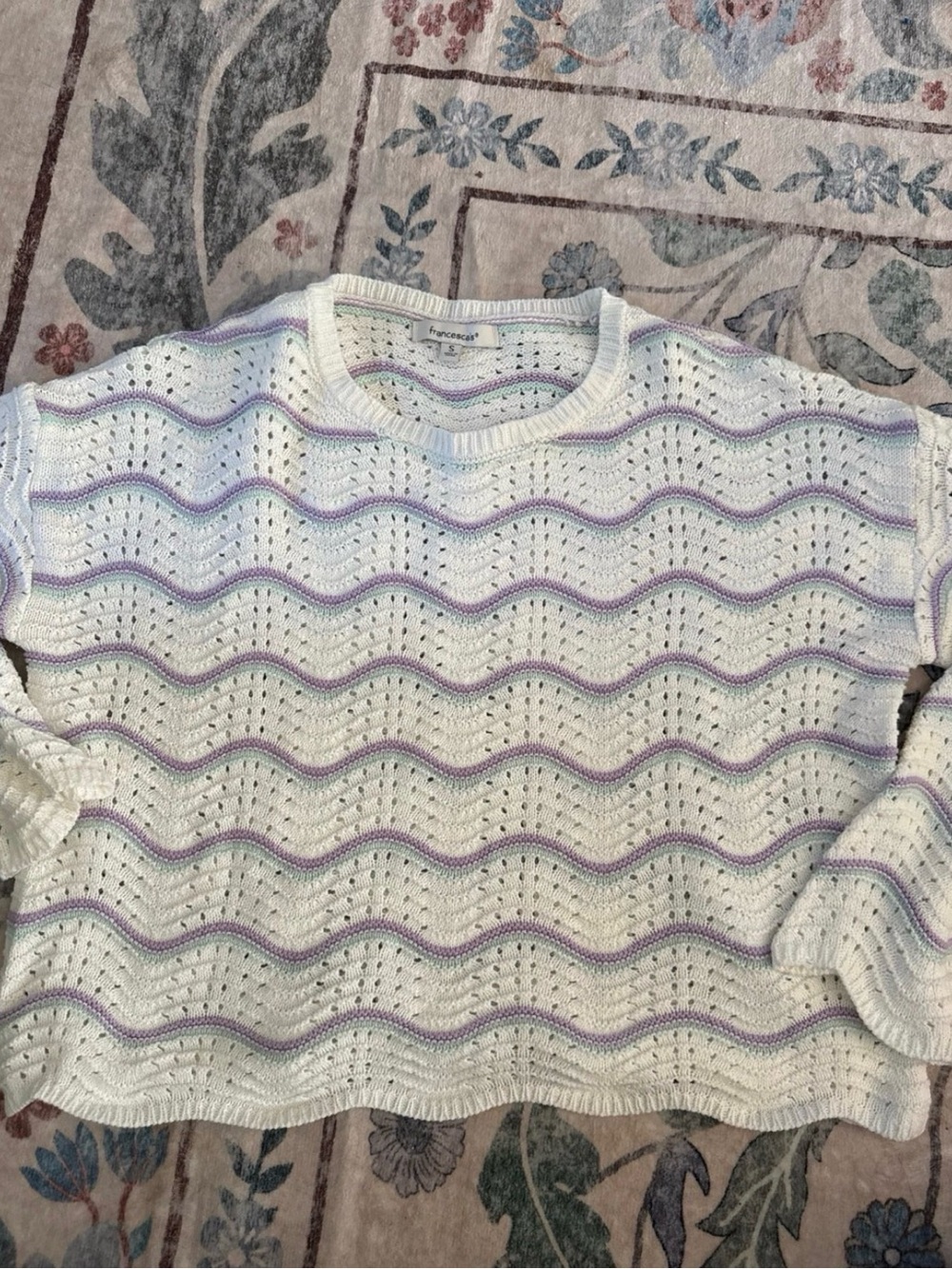 Lightweight White Eyelet Sweater with Lavender Wave Stripes